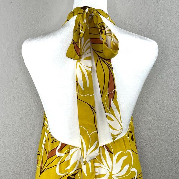 Mustard Yellow Boho Floral Backless Halter Tie Tiered Maxi Sundress Small New - Picture 11 of 14